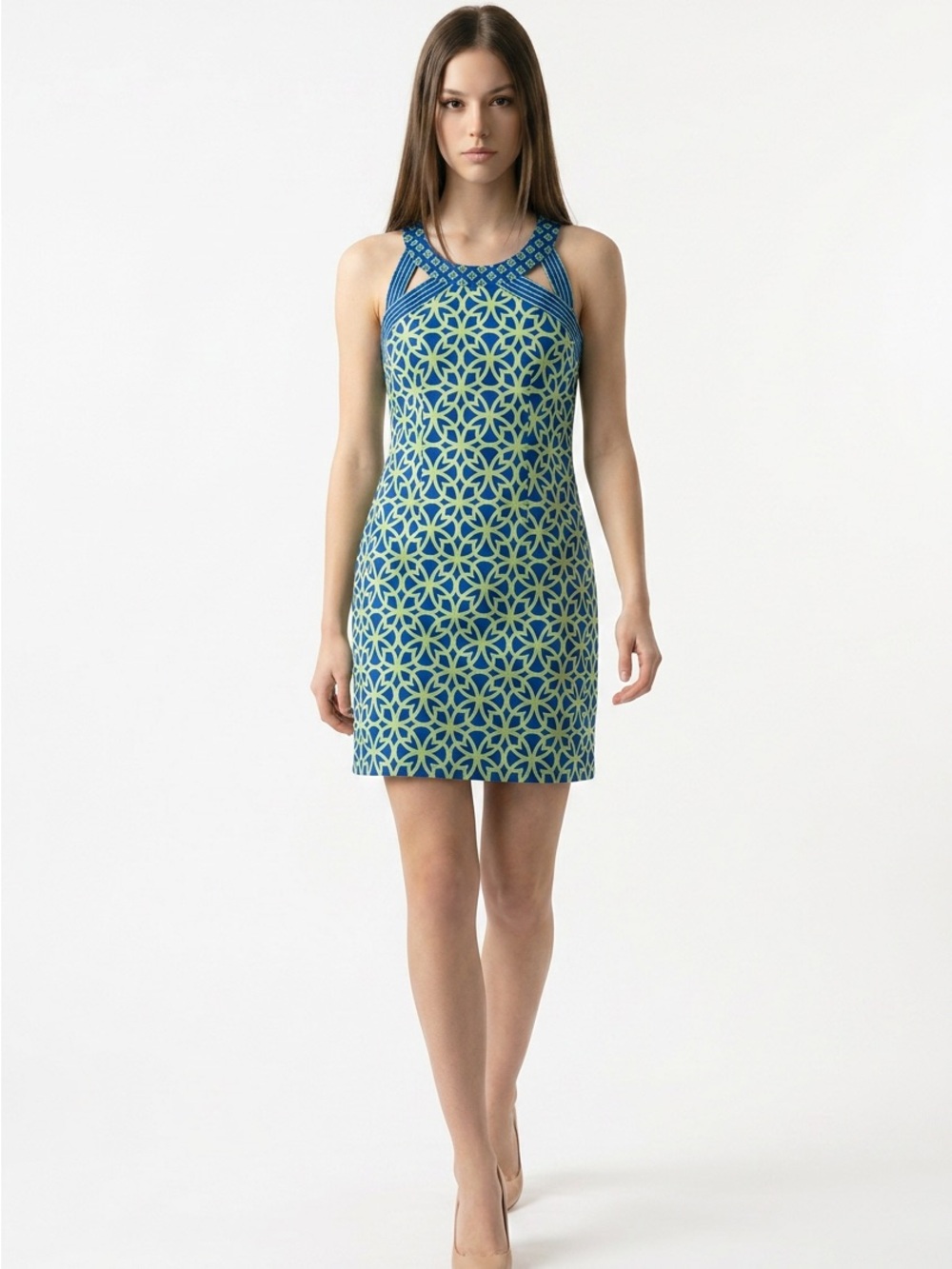 Gretchen Scott Designs Blue and Lime Geometric Isosceles Dress